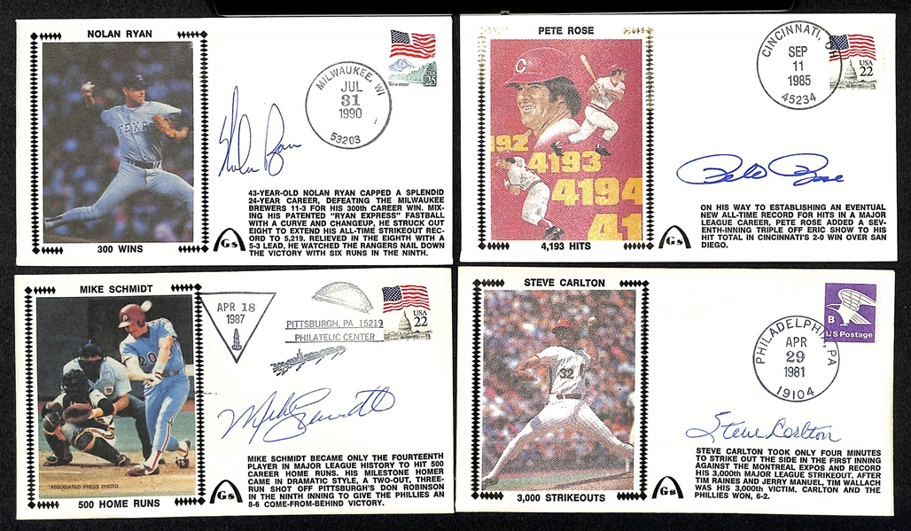 Autograph Lot of (7) FDC Cachets, (2) HOF Cards, & (2) Perez-Steele w. Nolan Ryan & Pete Rose (JSA Auction Letter)
